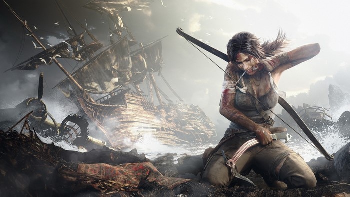 Lara Croft from Tomb Raider with bow and shipwreck