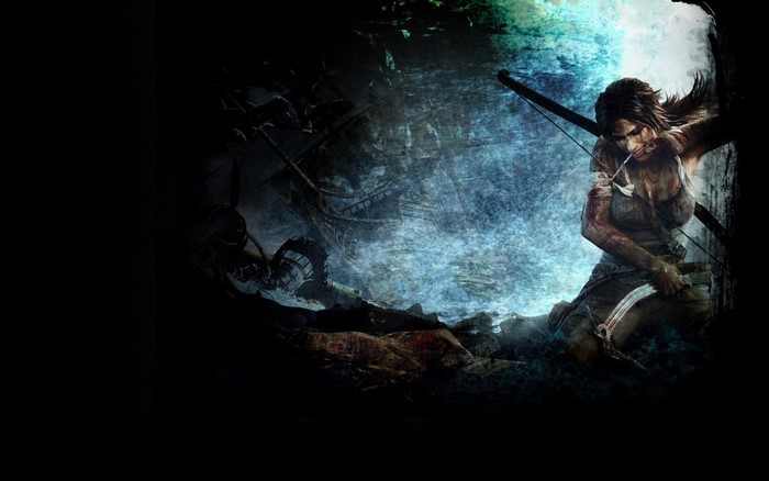 Lara Croft from Tomb Raider aiming a bow