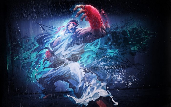 Ryu from Street Fighter in a dynamic pose with water effects