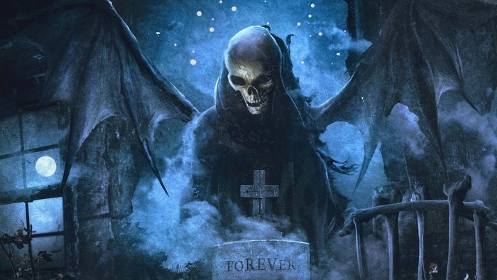 Grim Reaper with wings in a graveyard at night