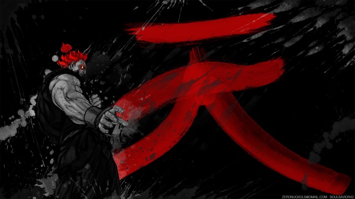 Akuma from Street Fighter with red kanji
