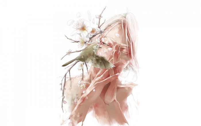 Anime boy with bird and flowers