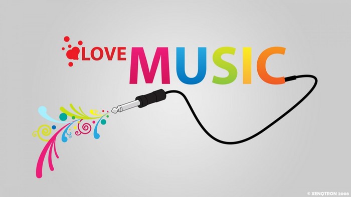 Love Music text with audio jack and colorful swirls