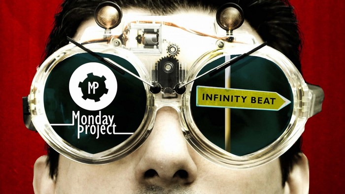 Man wearing steampunk goggles with logos