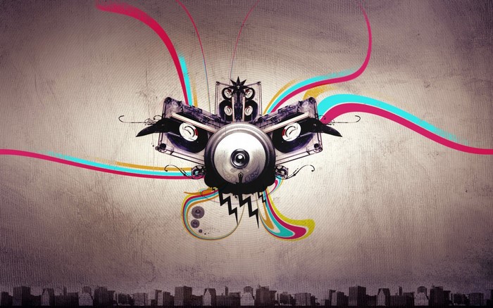 Abstract music illustration with cassette tapes and speaker