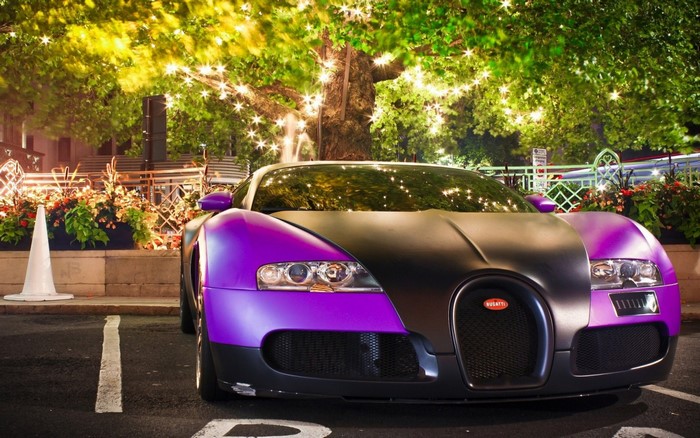 Purple and black Bugatti Veyron parked at night