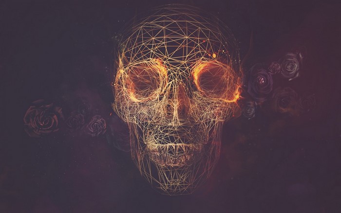 Wireframe skull with glowing eyes and roses