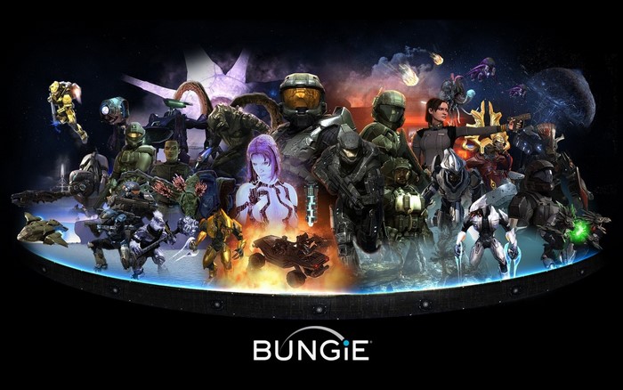 Halo characters and vehicles with Bungie logo