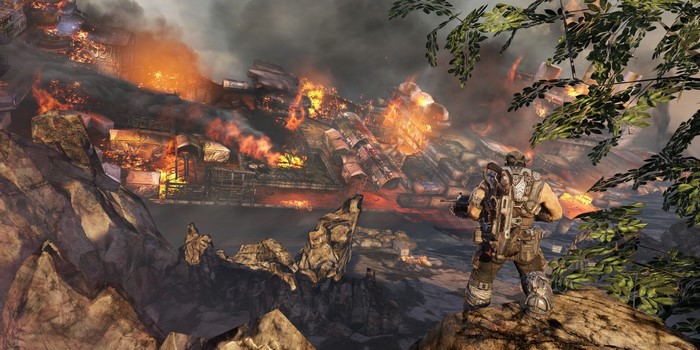 Gears of War 3 screenshot of a burning city