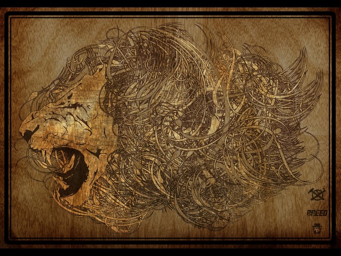 Lion head carved into wood with abstract mane