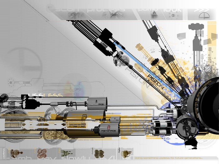 Abstract mechanical illustration with pistons and text