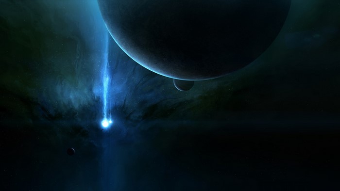 Planets and a bright blue energy beam in space
