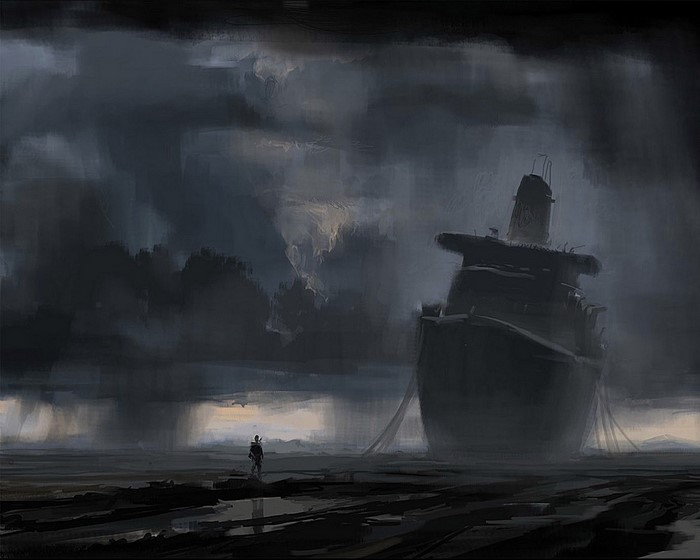 Shipwreck on a dark, stormy shore with a lone figure