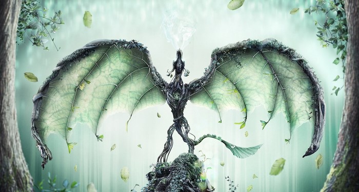 Fantasy dragon made of trees and leaves