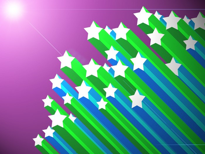 White stars with green and blue trails on purple background