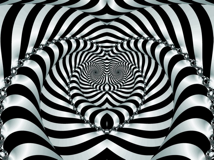 Abstract fractal heart pattern with black and white stripes