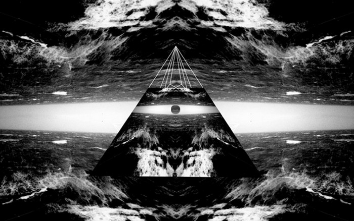 Abstract pyramid with eye over stormy sea