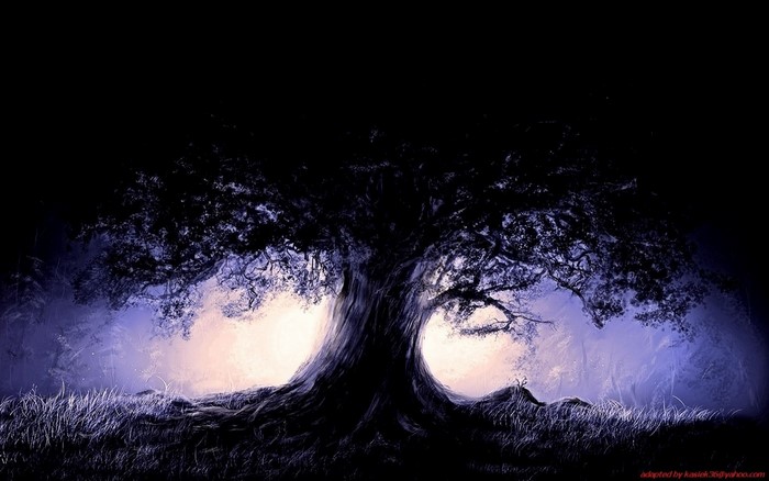 Dark tree with glowing light and grass