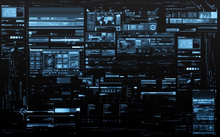 Futuristic computer interface with data visualizations