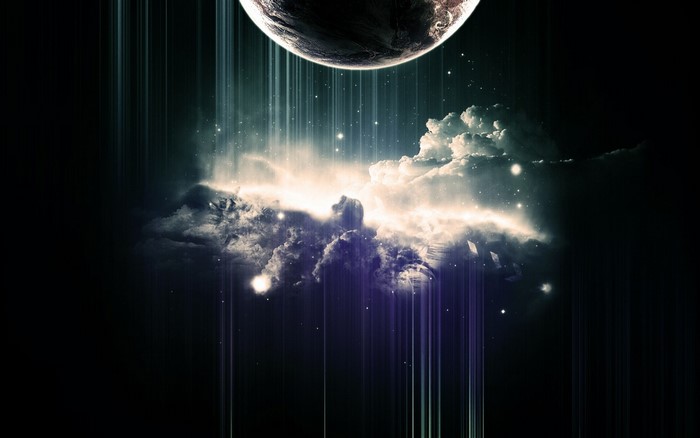 Planet and clouds in space with light rays