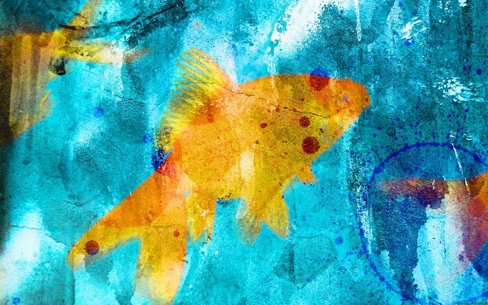 Abstract painting of a goldfish in blue water