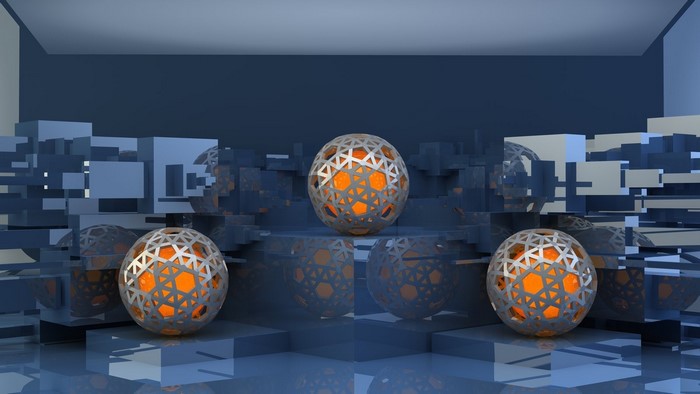 Abstract geometric spheres with orange glow