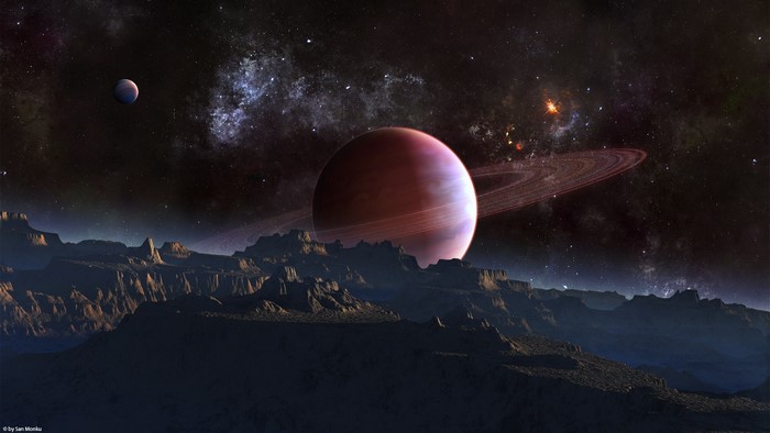 Alien planet with rings and moons in space