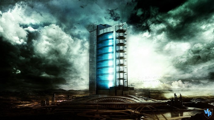 Futuristic skyscraper under stormy skies