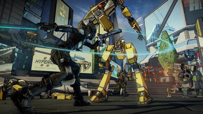 Zer0 from Borderlands 2 fighting mechs in a city