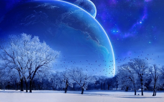 Winter landscape with planets and stars