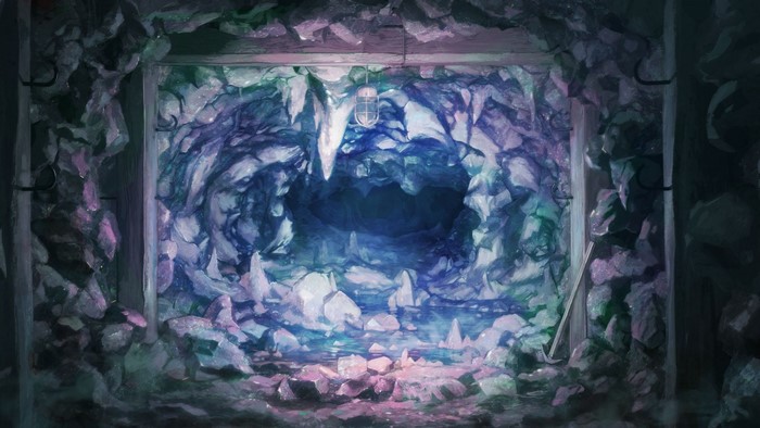 Cave entrance with pickaxe and lamp