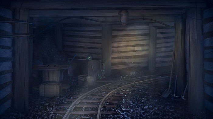 Mine shaft with wooden supports and mine cart tracks