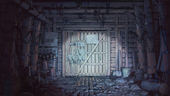 Industrial underground room with wooden door and pipes