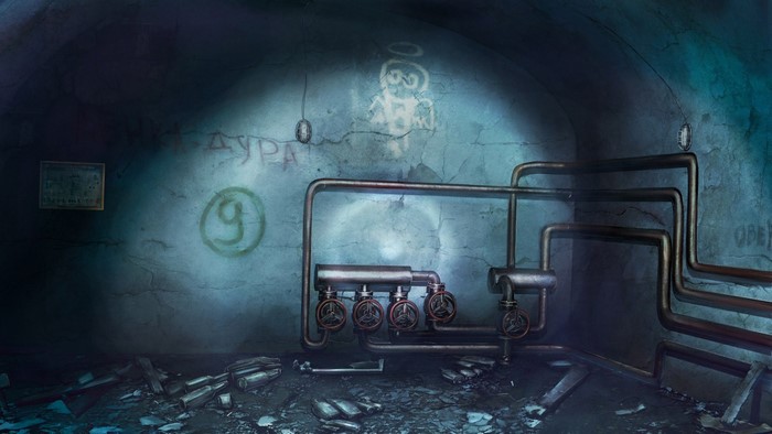 Graffiti and pipes in a dark room from Everlasting Summer