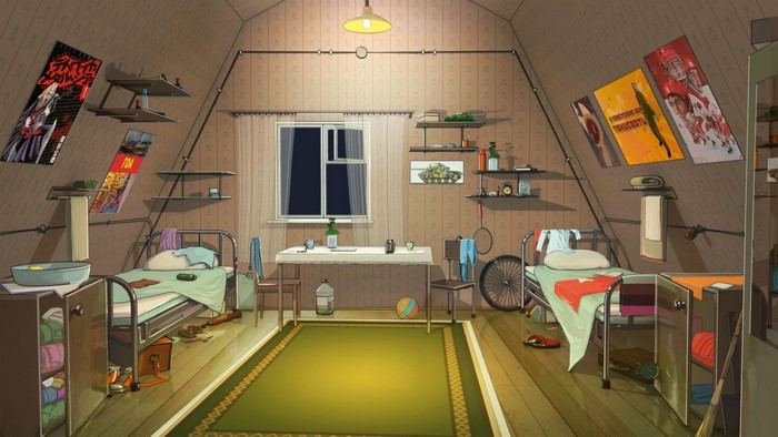 Room with beds, posters, and a bicycle