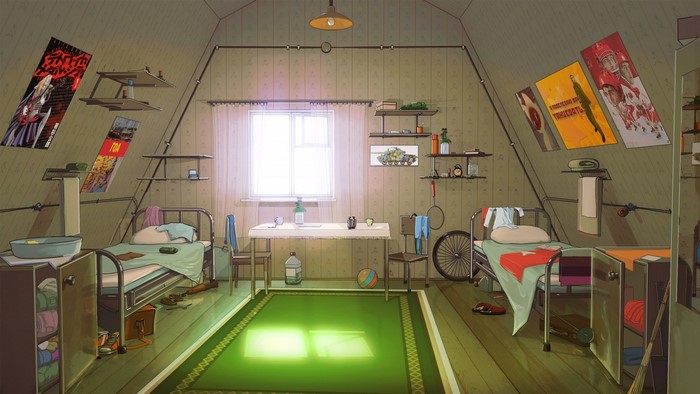 Room with beds, posters, and a table