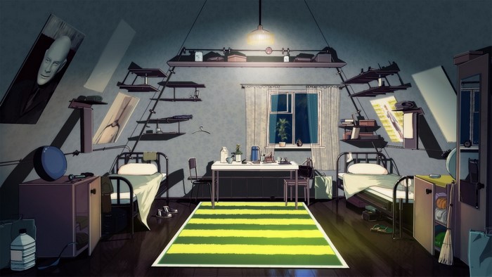 Room with beds and shelves