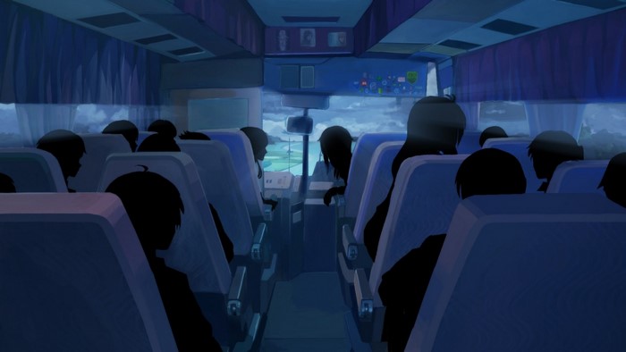 Anime screenshot of passengers on a bus