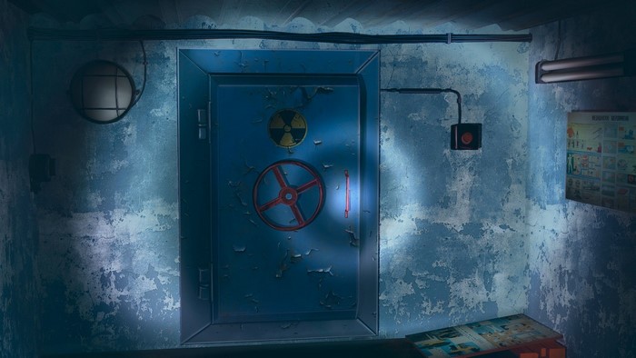 Blast doors with radioactive symbol in a dark room