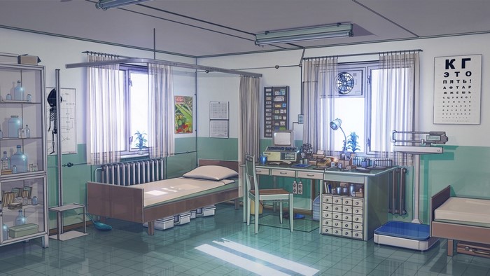 Hospital room with beds and medical equipment