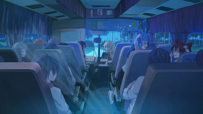 Anime characters on a bus at night