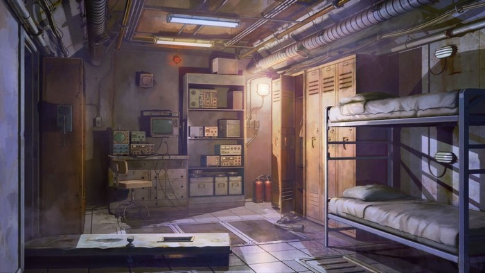 Bunk beds and lockers in a rustic room