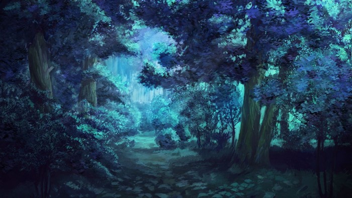 Enchanted forest path at night with glowing blue light
