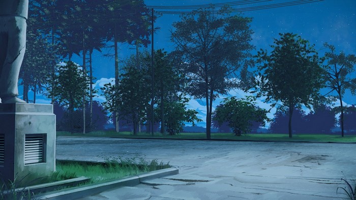 Anime scene with trees and a statue at night