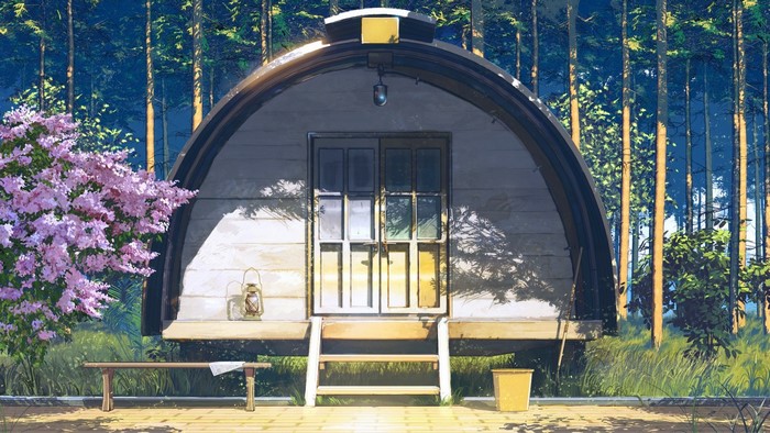 Anime house with flowers and trees