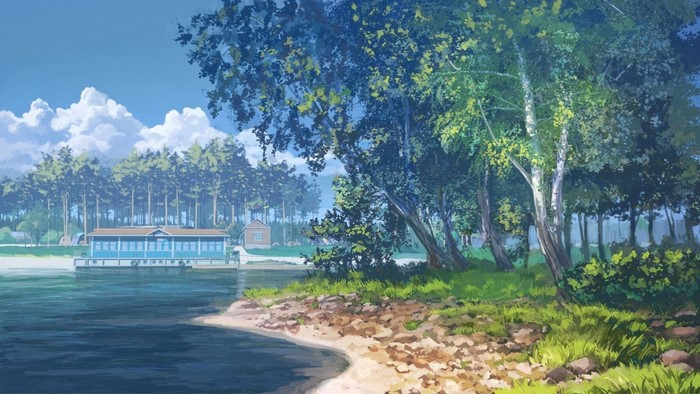Lake with building and trees, Everlasting Summer