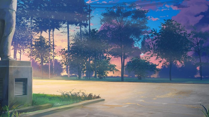 Everlasting Summer screenshot with trees and sunset sky
