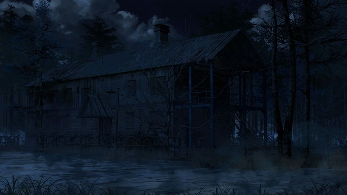 Abandoned house at night in a foggy forest