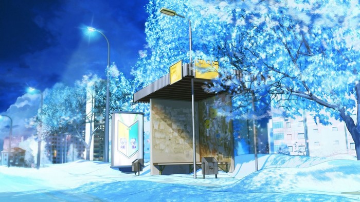 Bus station in a snowy city with blue trees