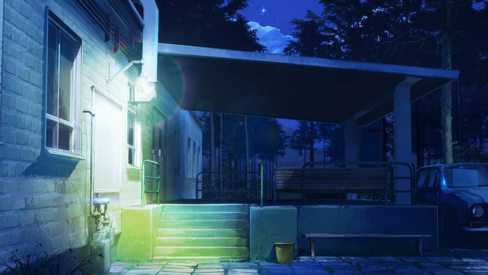 House porch at night with car and trees